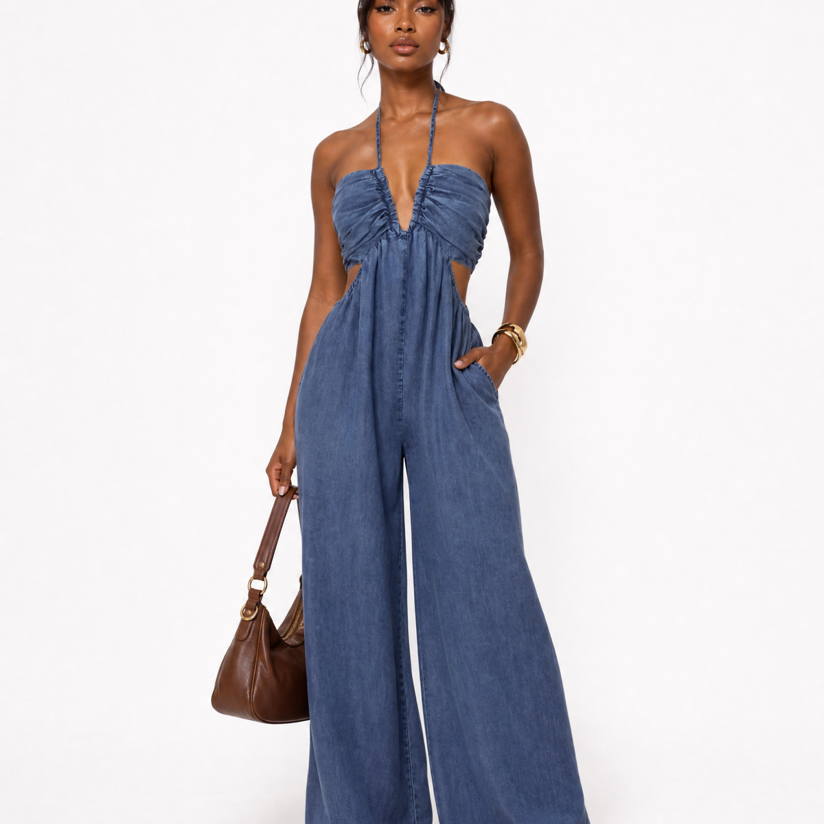 Blue Denim Halter Wide-Leg Jumpsuit