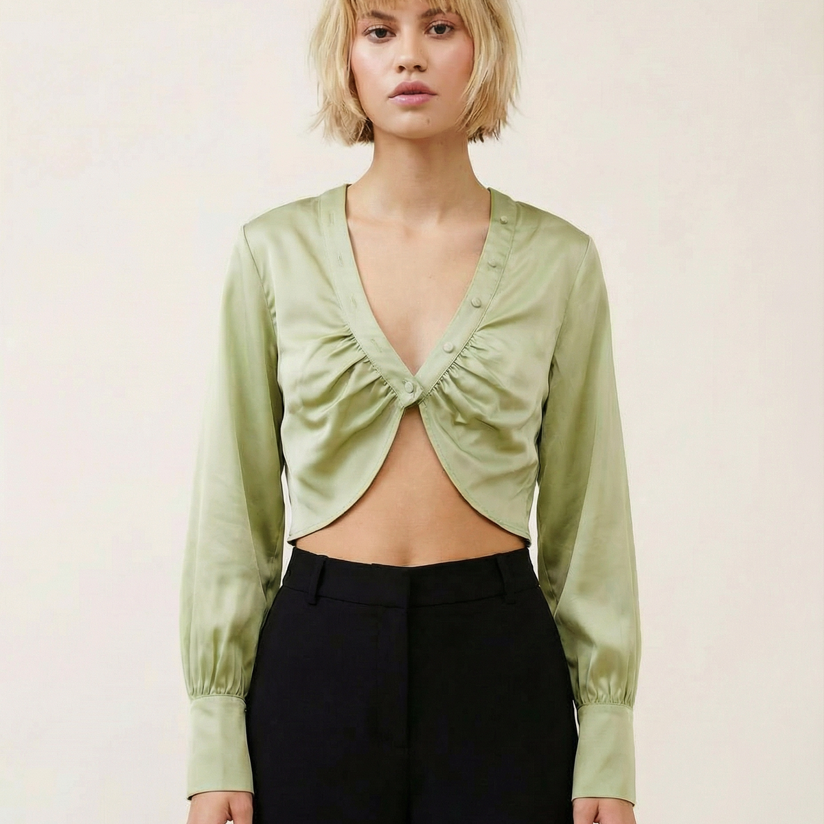 Satin Crop Blouse with Button Accents
