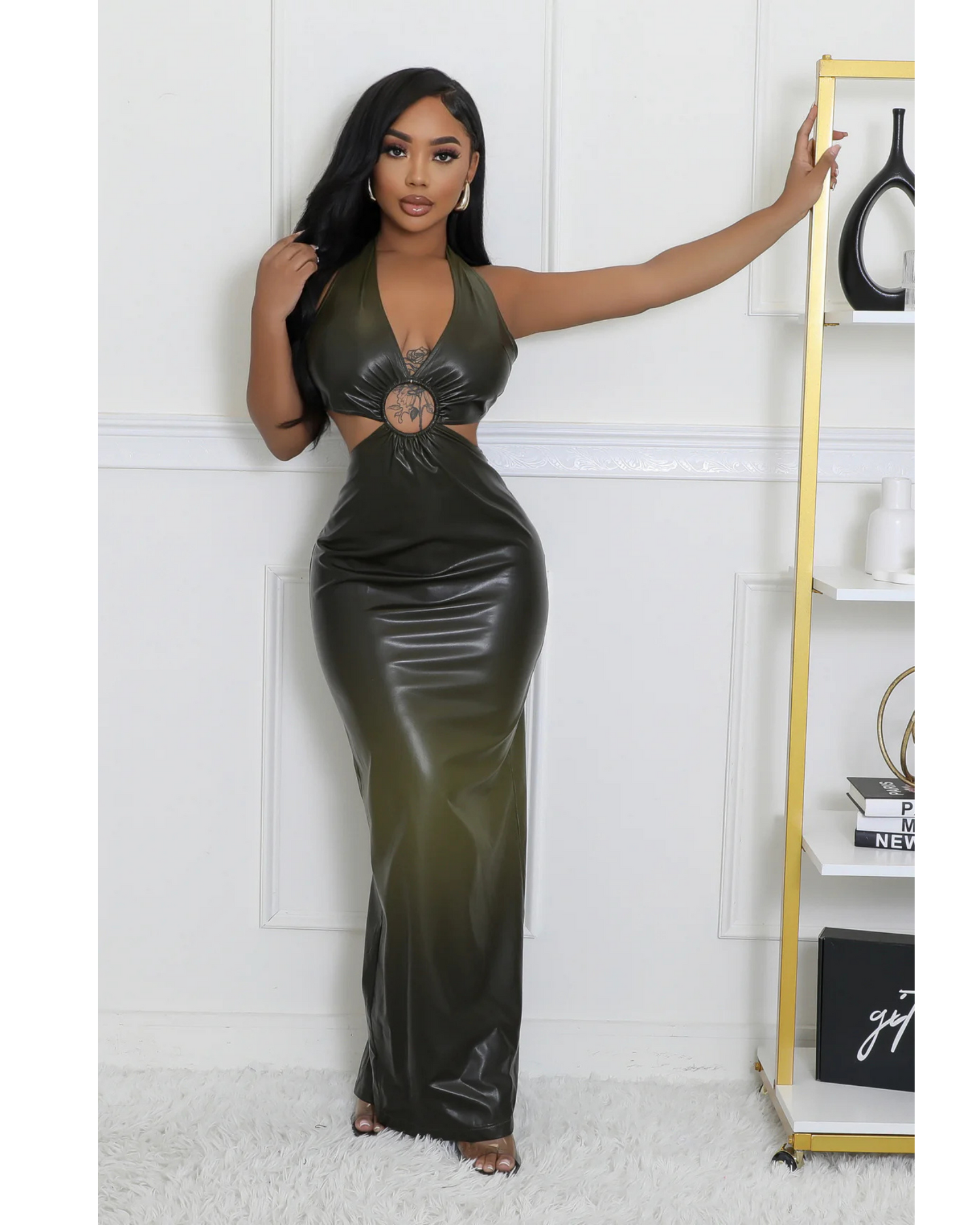 Halter Faux Leather Maxi Dress