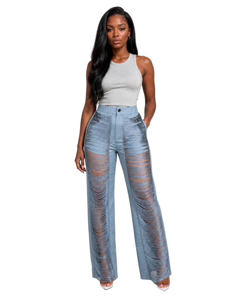 High-Waisted Shredded Fringe Pants