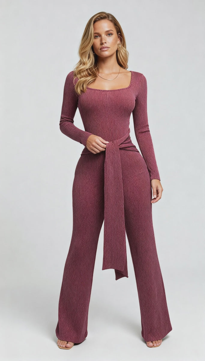 Front Tie Ribbed Jumpsuit