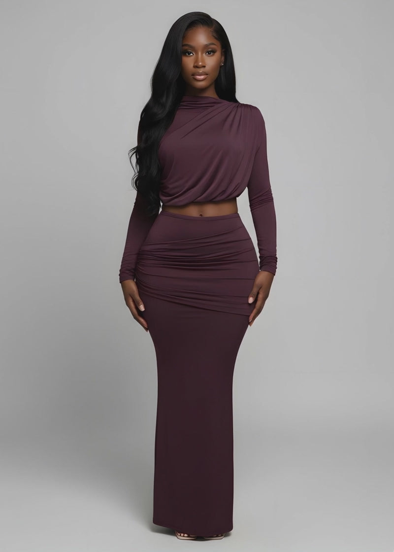 Shirring Detailed Long Sleeve Top and Maxi Skirt Set