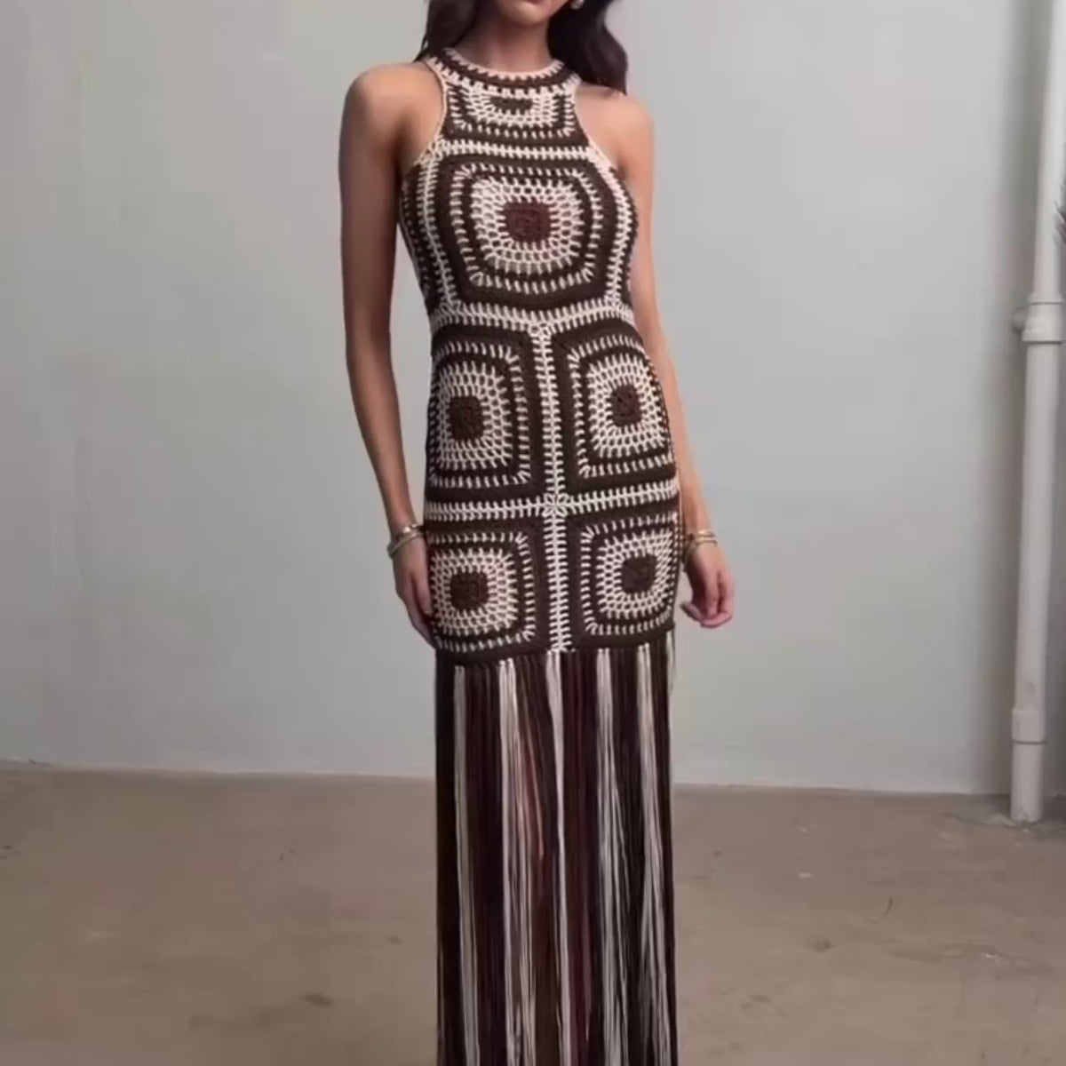 Boho Crochet Fringe Maxi Dress