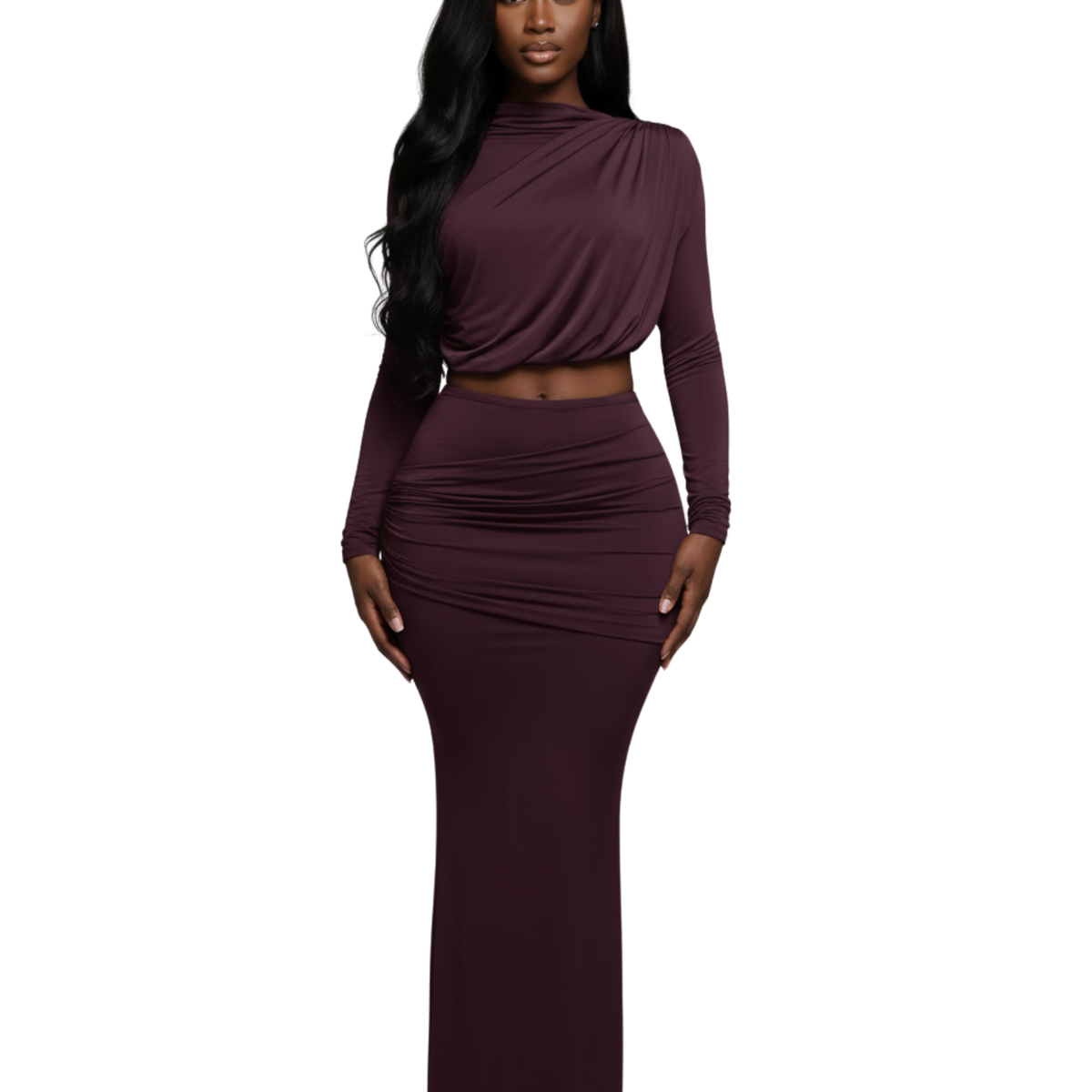 Shirring Detailed Long Sleeve Top and Maxi Skirt Set