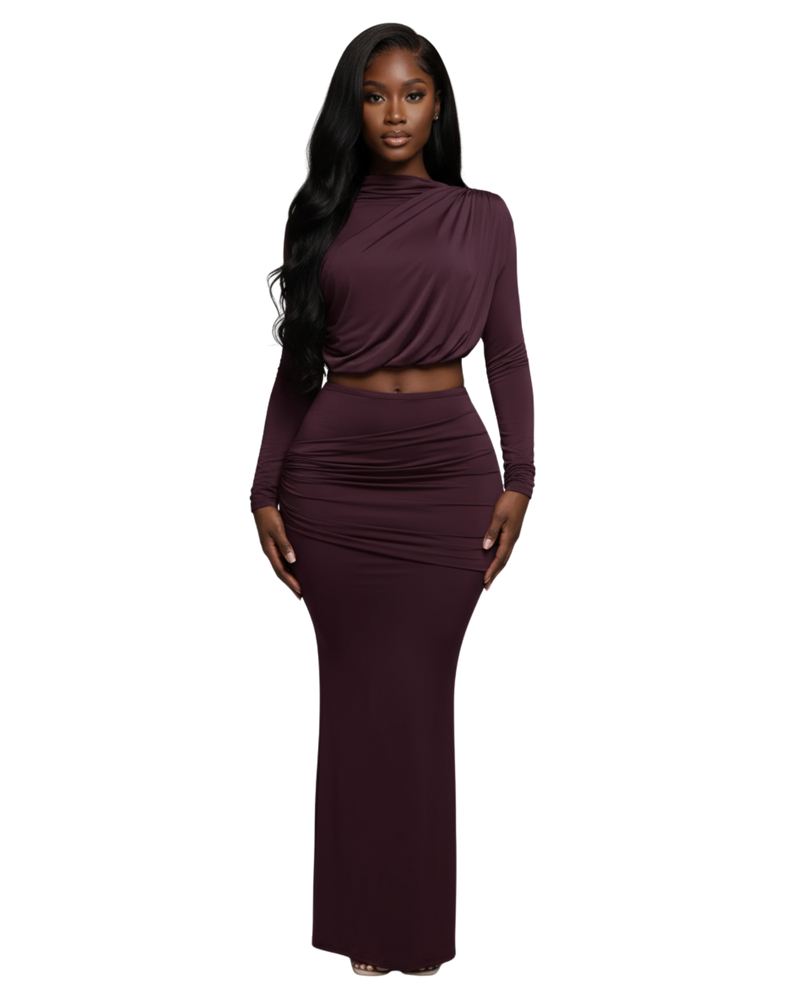 Shirring Detailed Long Sleeve Top and Maxi Skirt Set