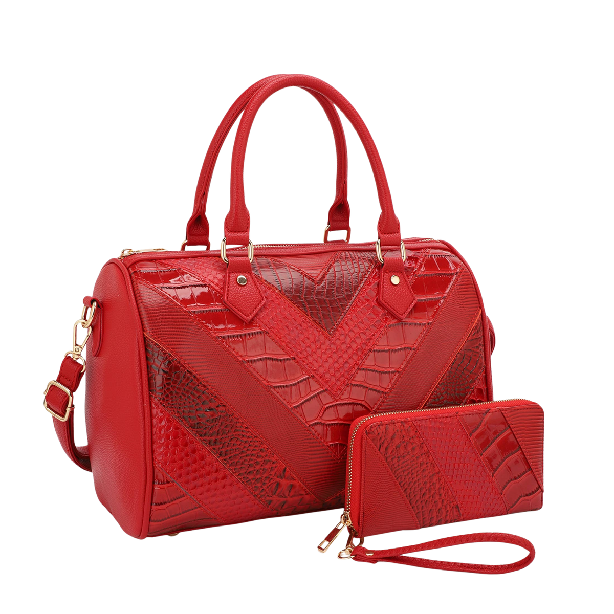 Shiny Patchwork Boston Bag with Wallet Set