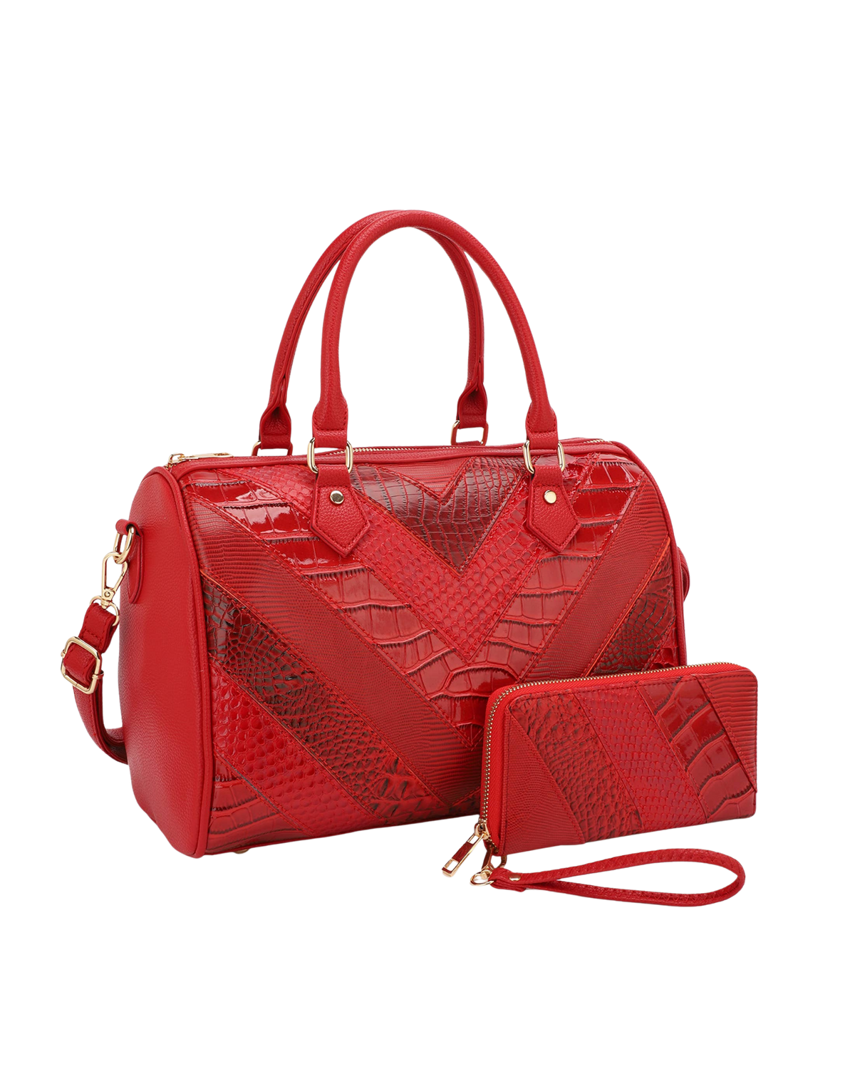 Shiny Patchwork Boston Bag with Wallet Set