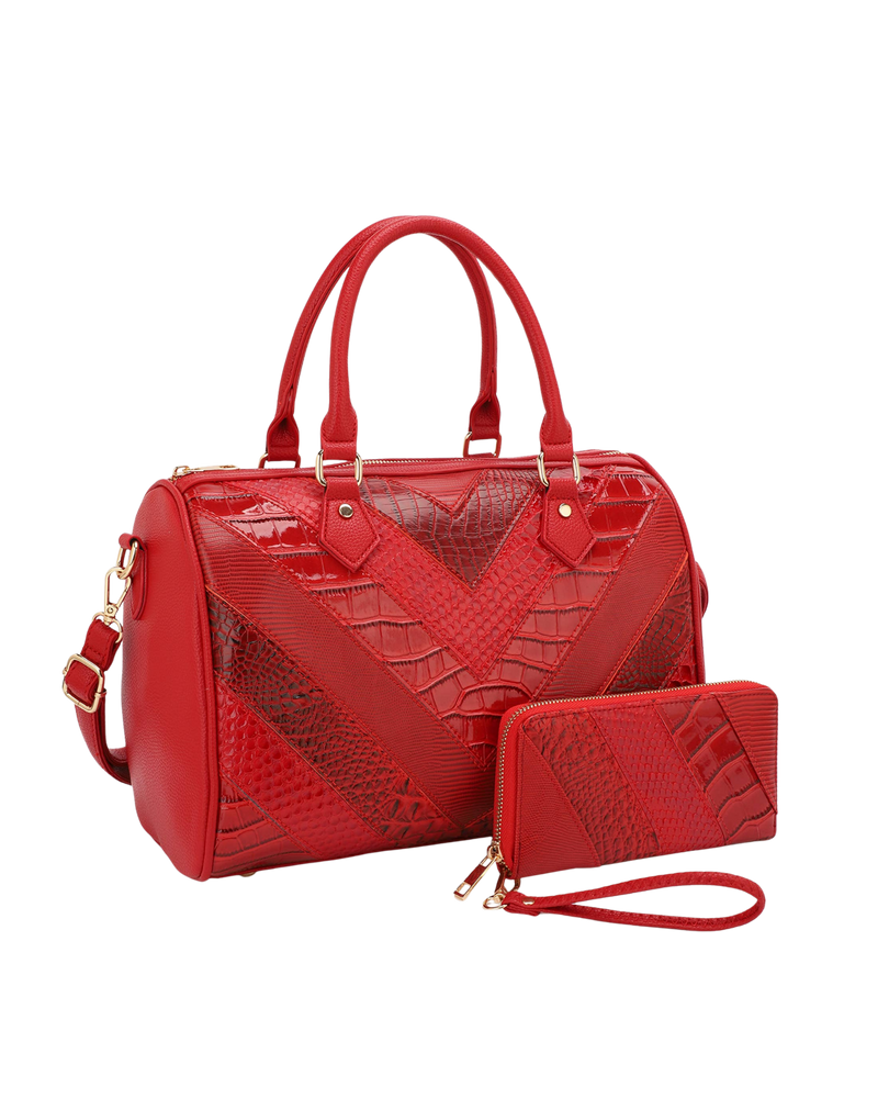 Shiny Patchwork Boston Bag with Wallet Set