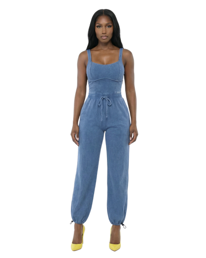Washed Blue Stretch Jogger Jumpsuit