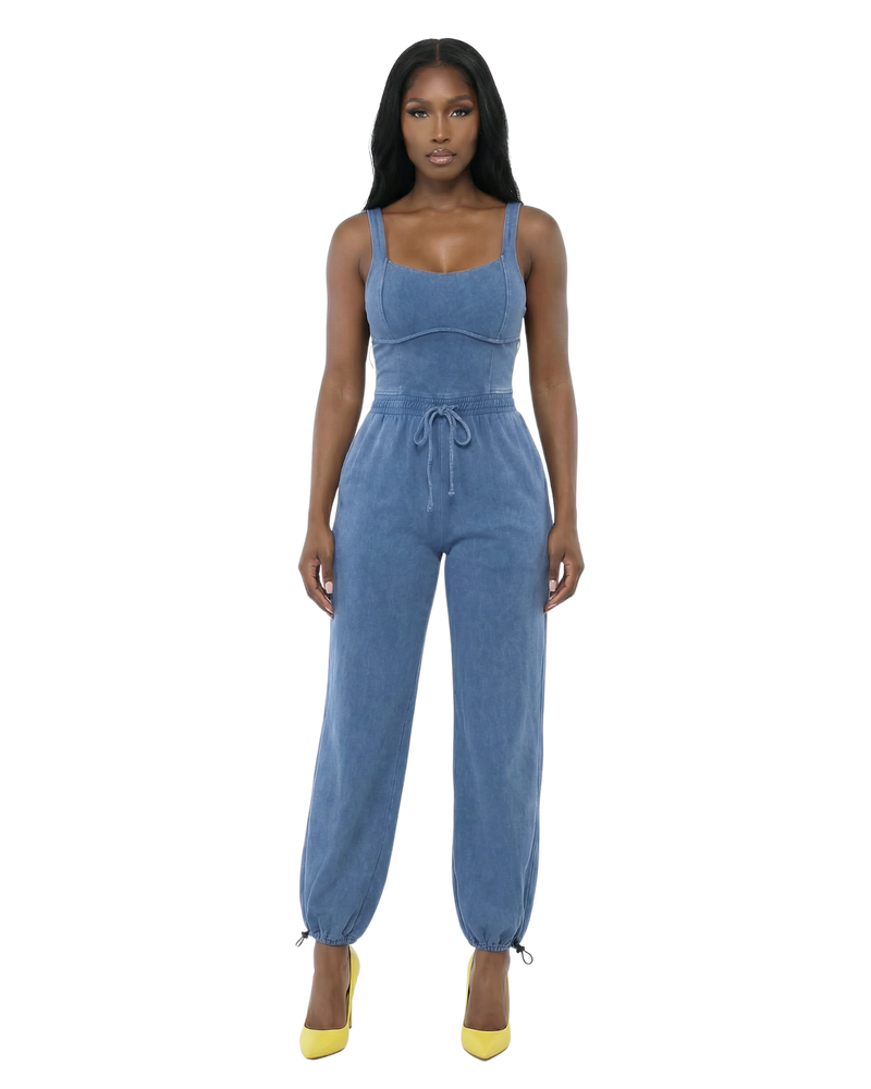 Washed Blue Stretch Jogger Jumpsuit