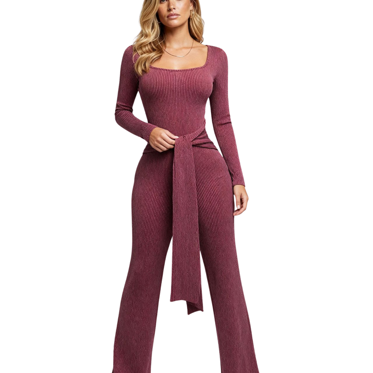 Front Tie Ribbed Jumpsuit