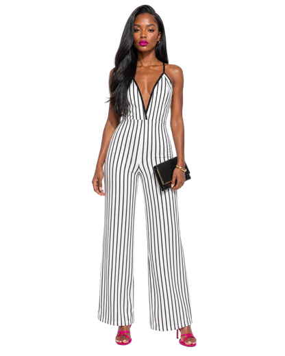 White & Black Trim Stripe V-Neck Criss-Cross Strap Back Jumpsuit