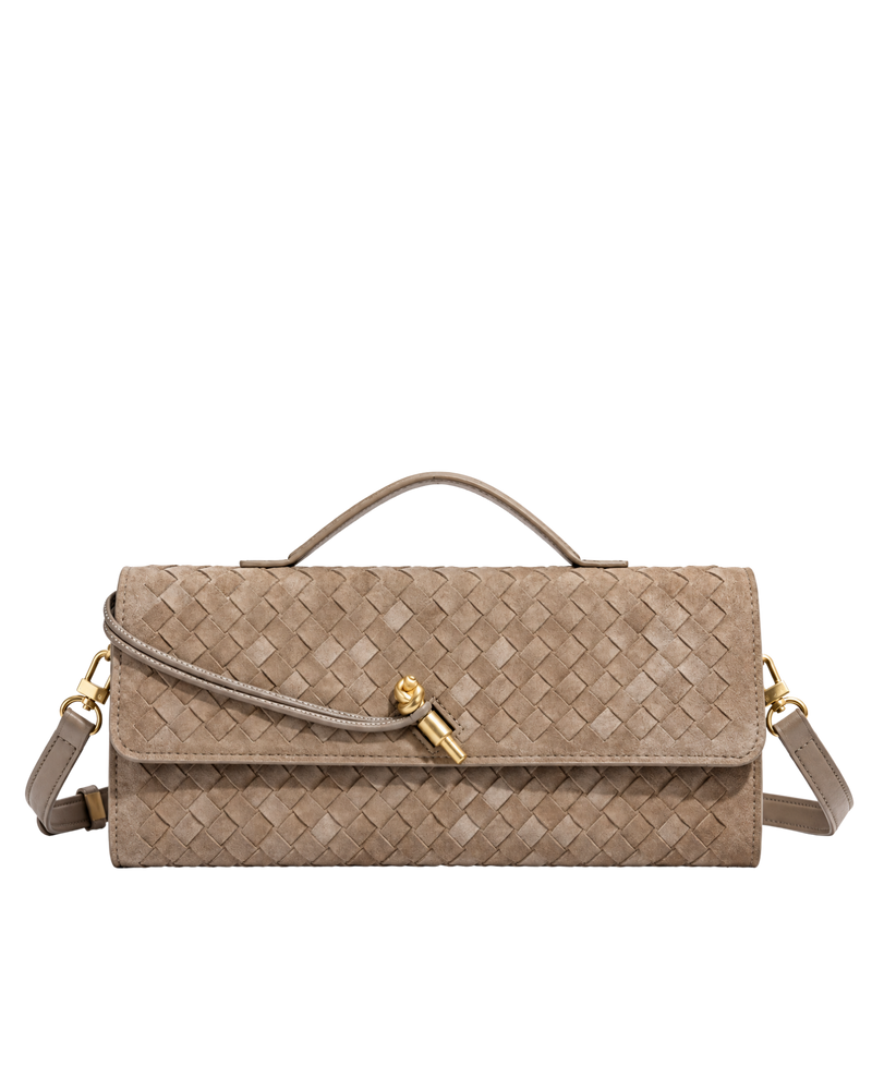 Suede Tan Woven Baguette Bag