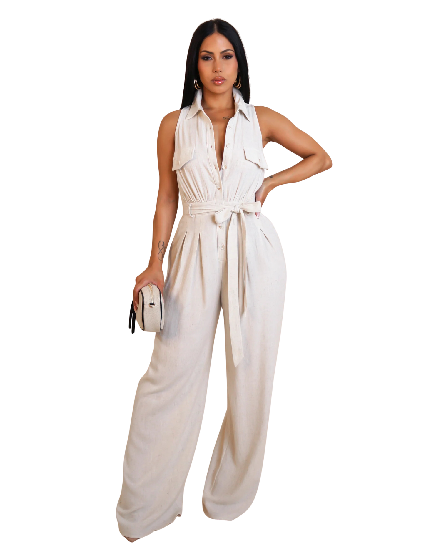 Sleeveless Button Down Belted Jumpsuit