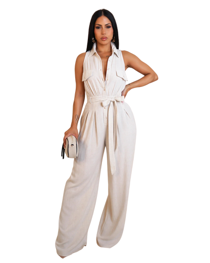 Sleeveless Button Down Belted Jumpsuit