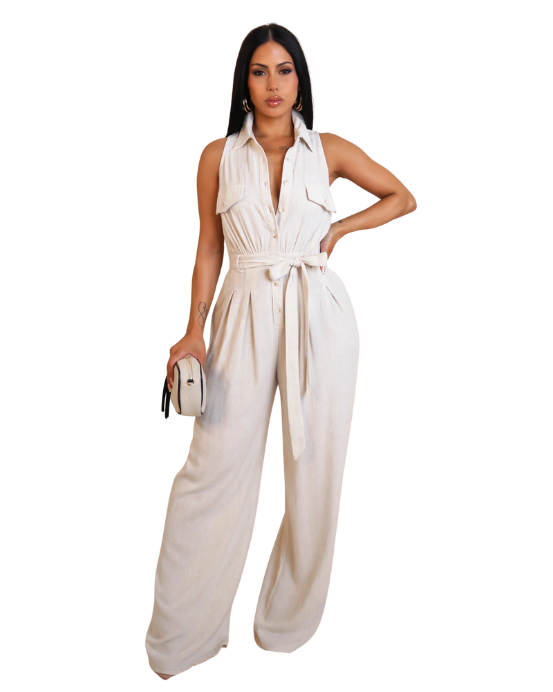 Sleeveless Button Down Belted Jumpsuit
