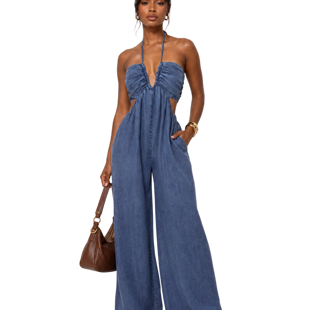 Blue Denim Halter Wide-Leg Jumpsuit