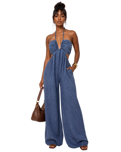 Blue Denim Halter Wide-Leg Jumpsuit