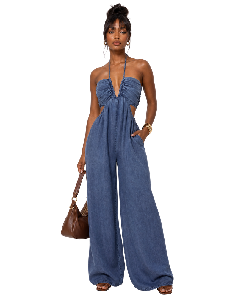 Blue Denim Halter Wide-Leg Jumpsuit