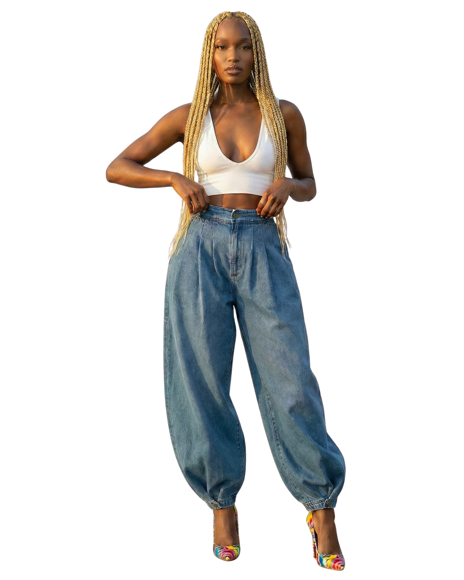High Waist Balloon Jeans With Button Cuff