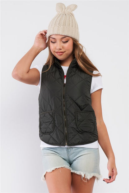 Quilted Puff Two Pockets Zip-Up Turtleneck Vest