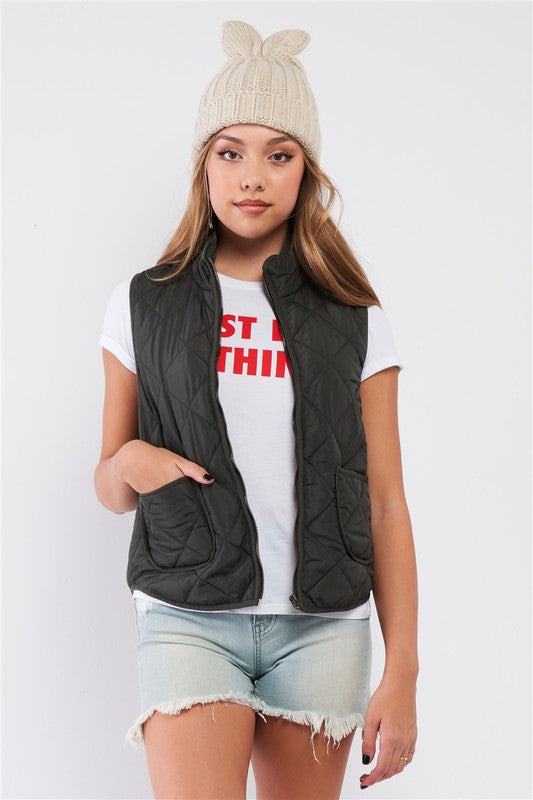 Quilted Puff Two Pockets Zip-Up Turtleneck Vest