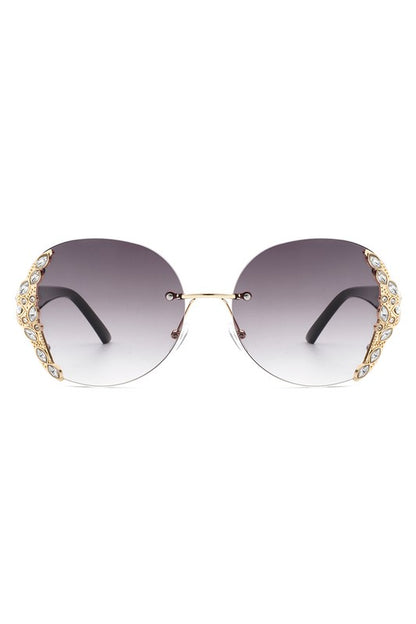 Women Rimless Round Rhinestone Oversize Sunglasses