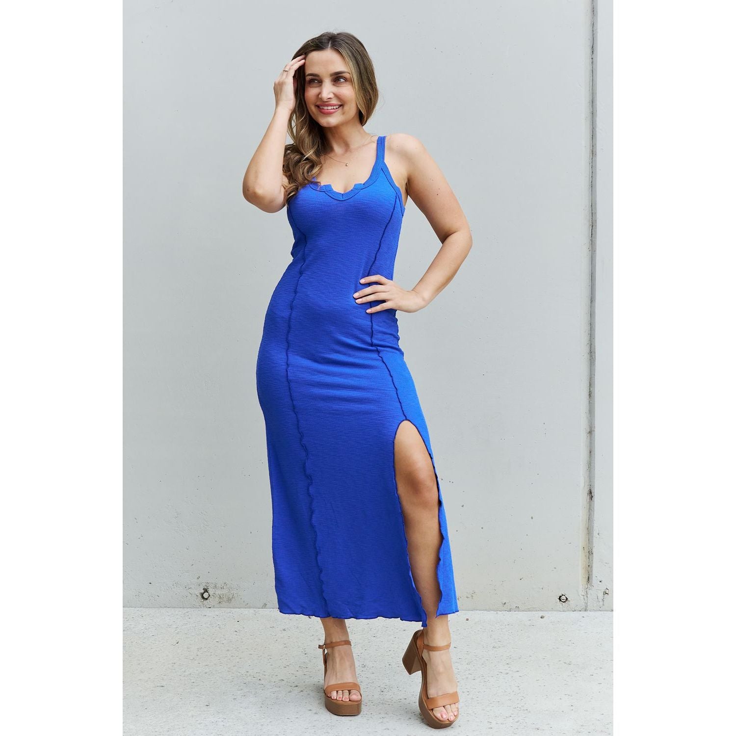 Culture Code Look At Me Full Size Notch Neck Maxi Dress with Slit in Cobalt Blue