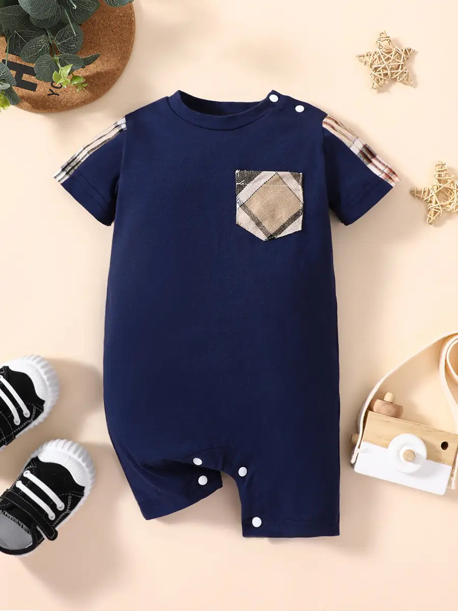 Plaid Spliced Short-sleeve Onesie