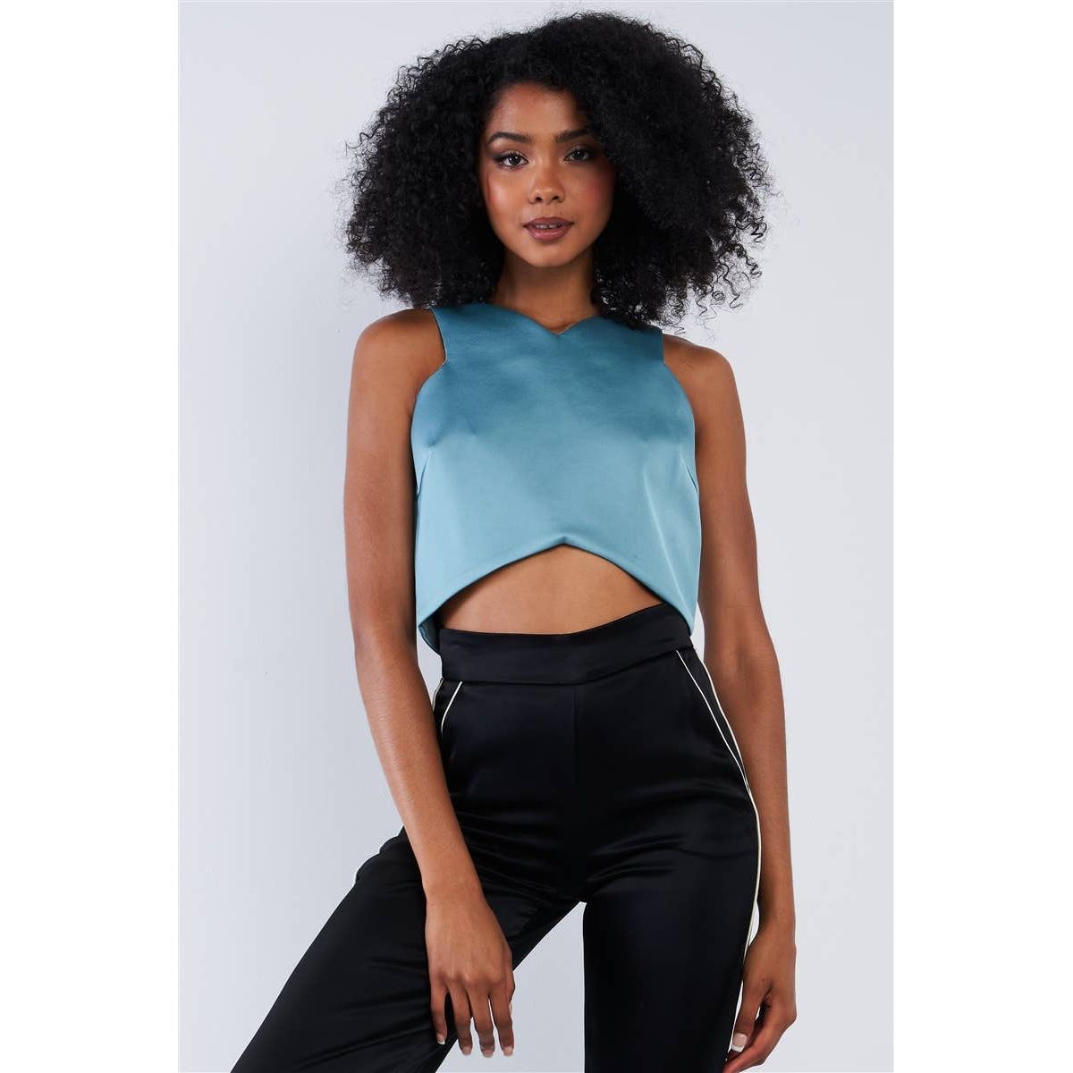 Solid Seafoam Green Chic V-Neck Sleeveless Copped Top